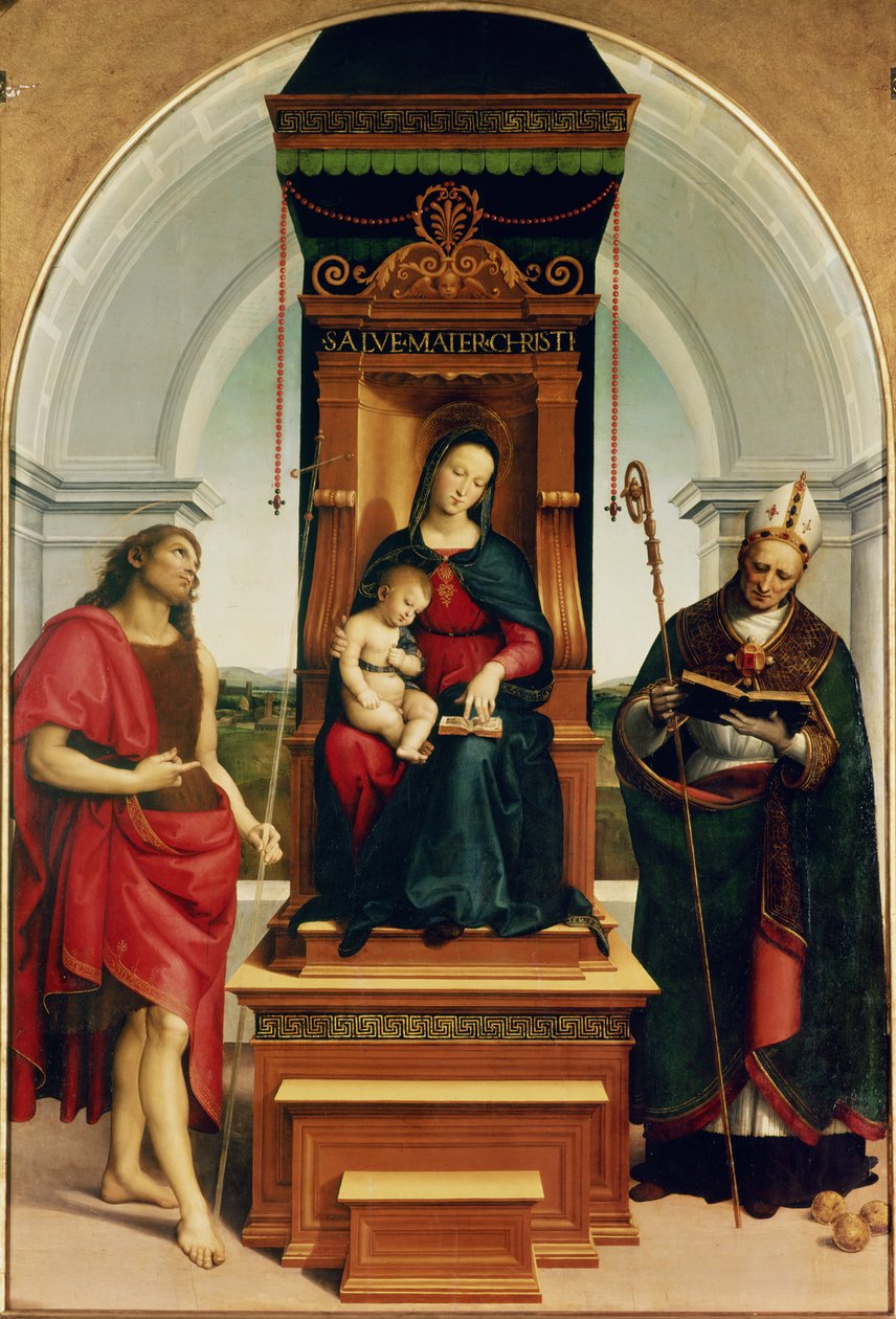 Madonnaen og barnet med døperen Johannes og St. Nicholas av Bari, 1505 av Raffaello Sanzio Raphael
