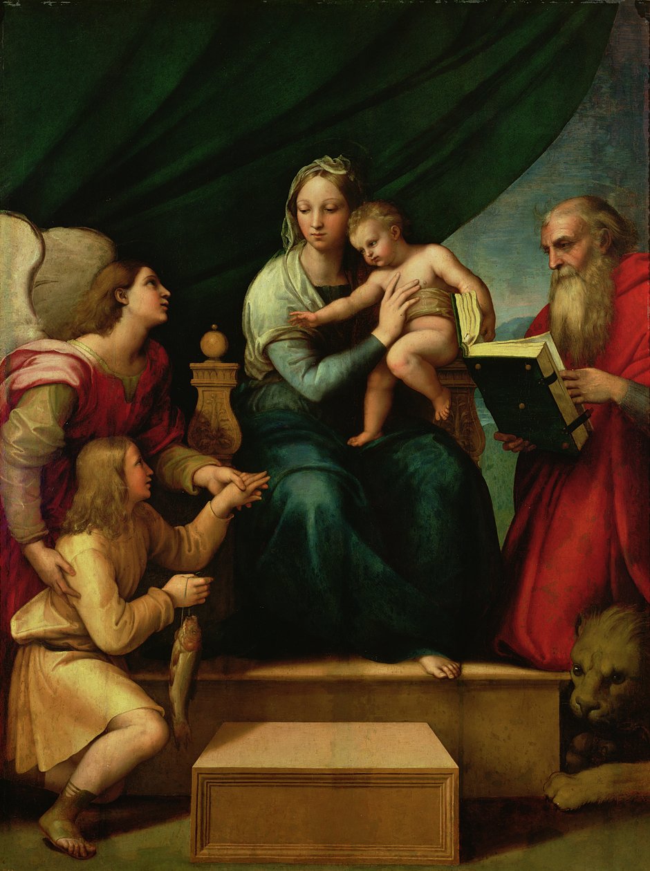 Fiskens Madonna (Madonnaen med erkeengelen Gabriel og St. Hieronymus) ca. 1513 av Raffaello Sanzio Raphael