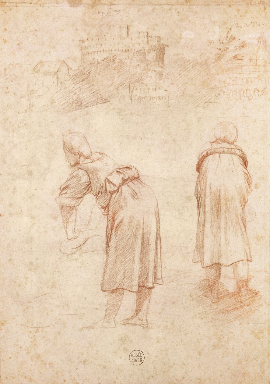 Vaskekvinner på bredden av Tiberen og studier av Chateau Saint-Ange (rødt kritt på papir) av Raffaello Sanzio Raphael