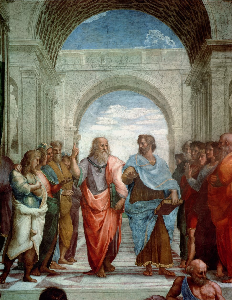 Aristoteles og Platon: detalj fra School of Athens i Stanza della Segnatura, 1510-11 freskodetalj av 472 av Raffaello Sanzio Raphael