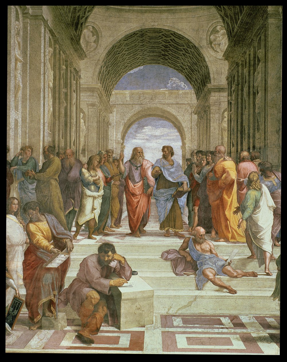 School of Athens, detalj av sentrum som viser forskjellige figurer inkludert Platon, Aristoteles, Michelangelo som Heraclitus og Diogenes, 1510-11 freskodetalj fra 472 av Raffaello Sanzio Raphael