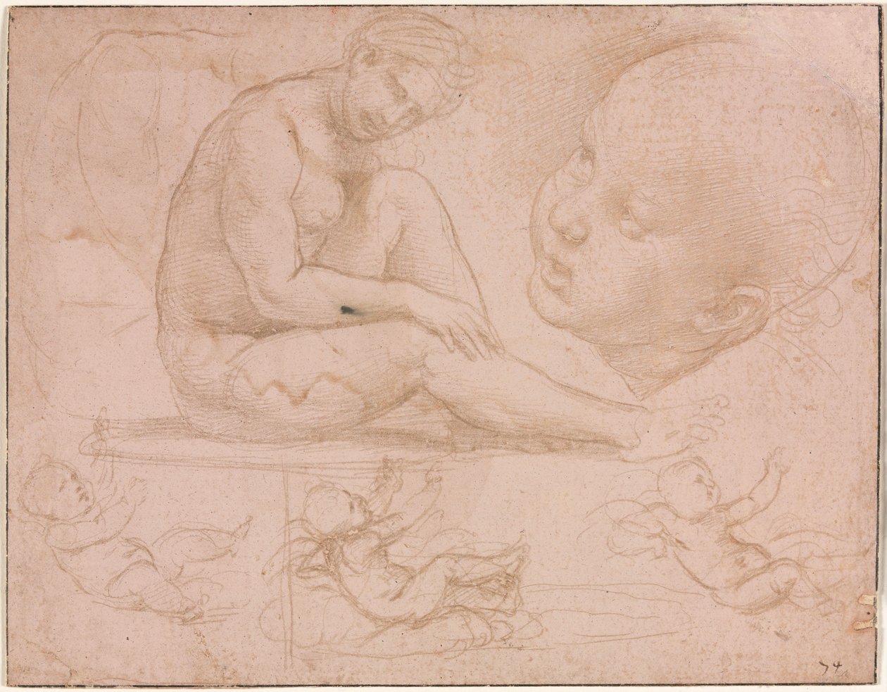 Studier av en sittende kvinne, barnets hode og tre studier av en baby, ca. 1507-8. av Raffaello Sanzio Raphael