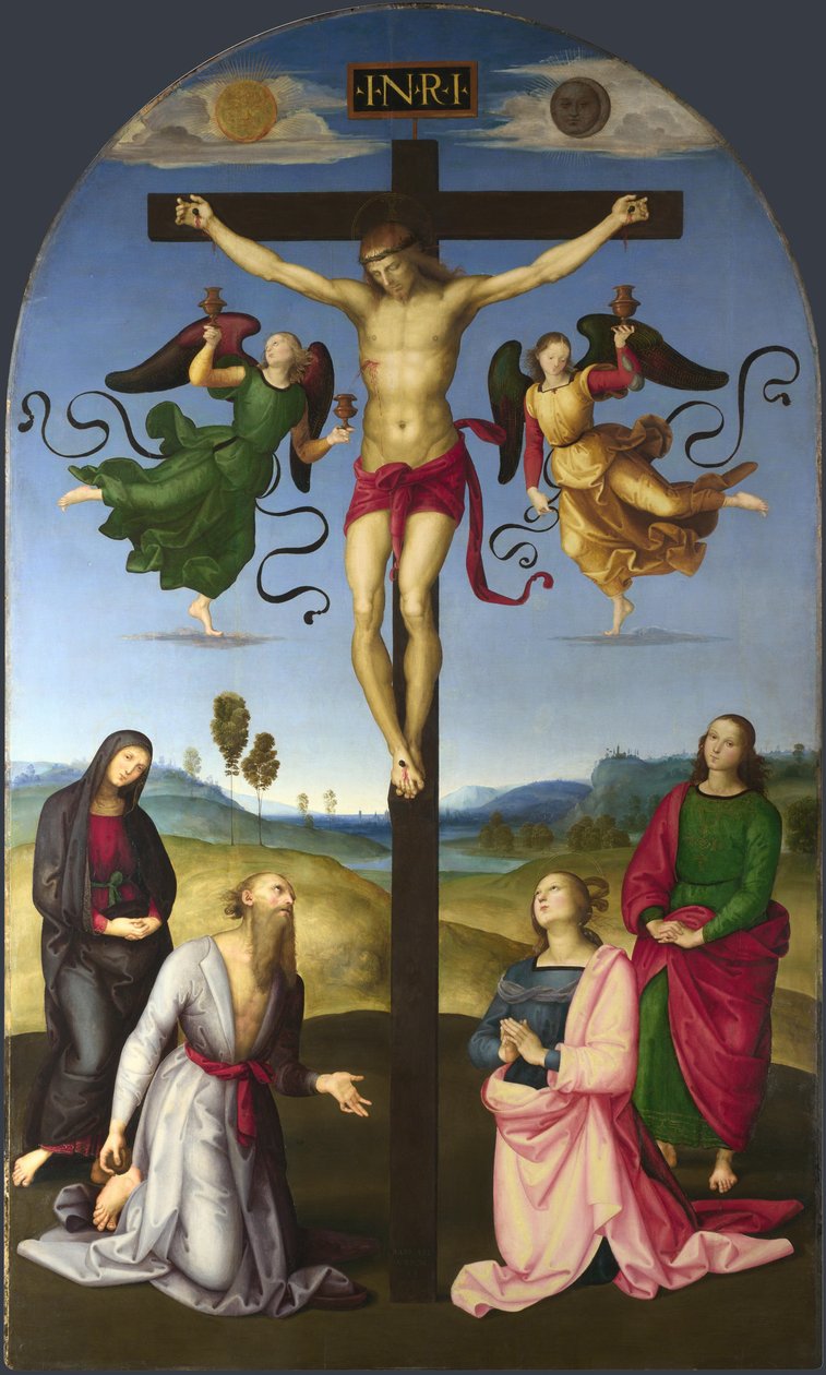 Den korsfestede Kristus med jomfru Maria, hellige og engler Mond-korsfestelsen, 1502-1503 av Raffaello Sanzio Raphael