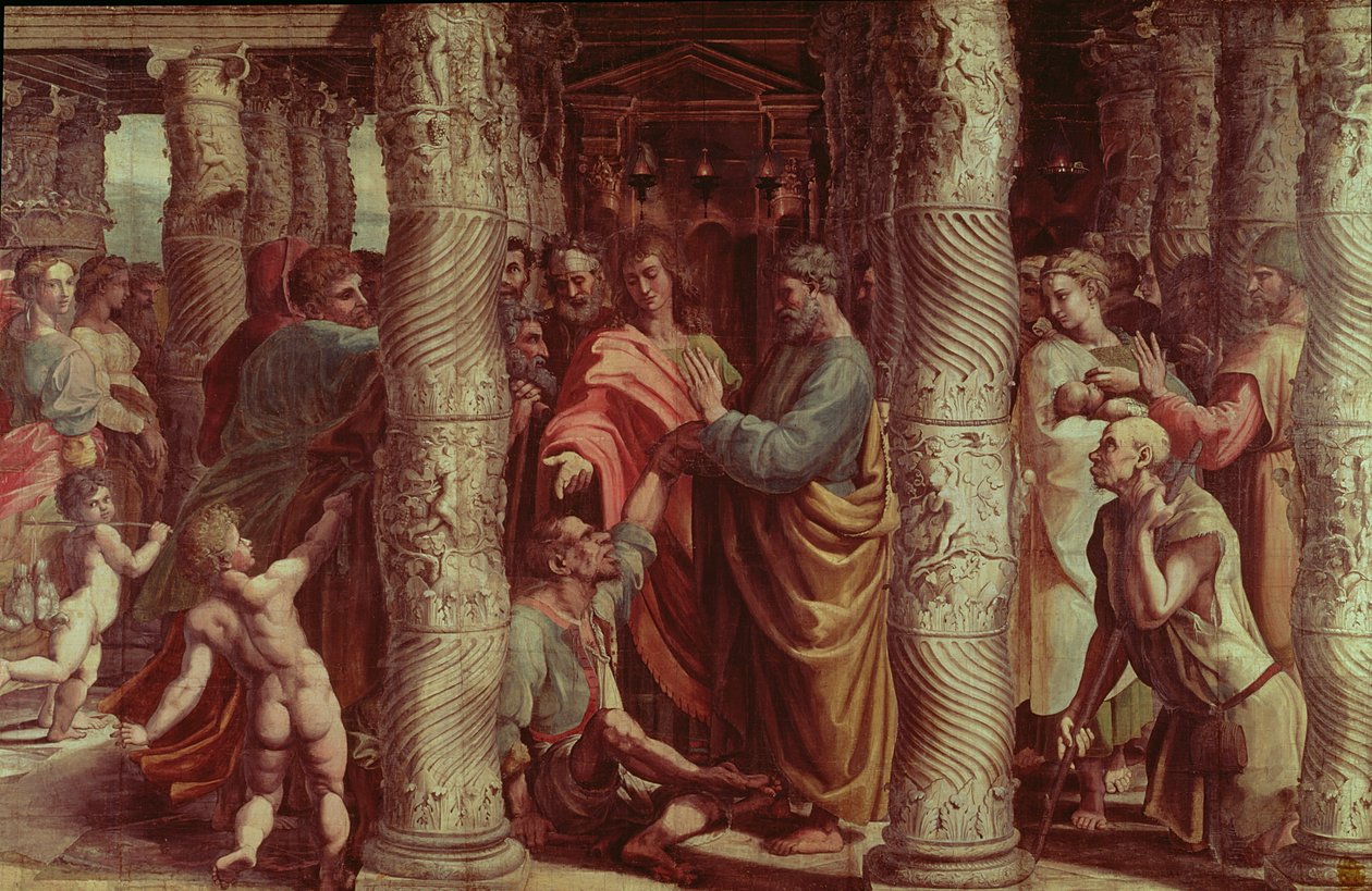 The Healing of the Lame Man (tegneserie for Det sixtinske kapell) (FØR RESTAURERING) av Raffaello Sanzio Raphael