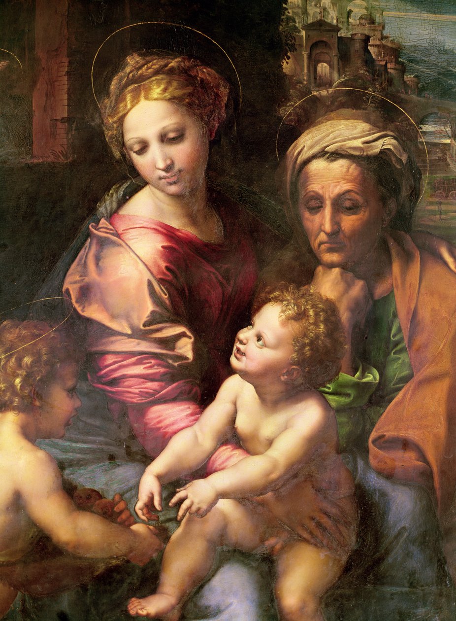 The Holy Family (eller The Pearl), detalj: Jomfruen, Saint Elizabeth and Child, ca. 1518 (olje på tre) av Raffaello Sanzio Raphael