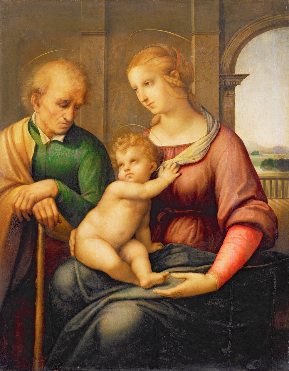 The Holy Family, eller Madonna with the Beardless Joseph, ca. 1506 (tempera og olje på lerret overført fra panel) av Raffaello Sanzio Raphael