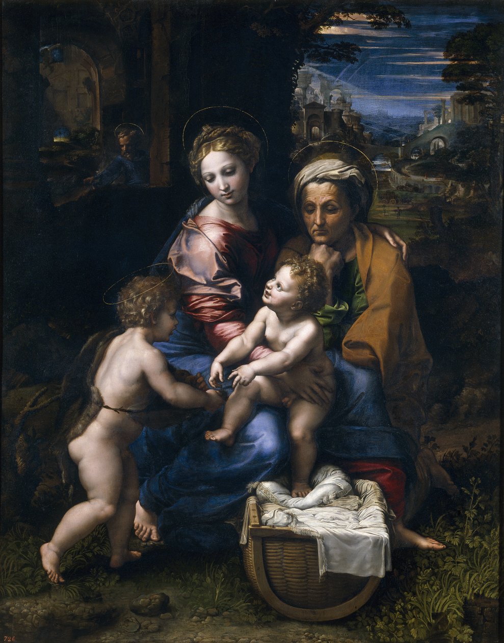 Den hellige familie med døperen Johannes og Saint Elizabeth La Perla av Raffaello Sanzio Raphael
