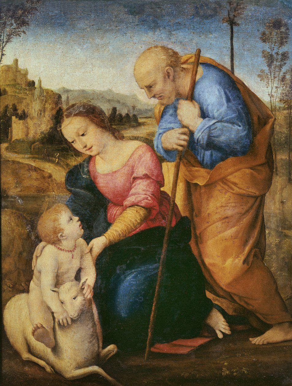 Den hellige familie med et lam (olje på tre) av Raffaello Sanzio Raphael