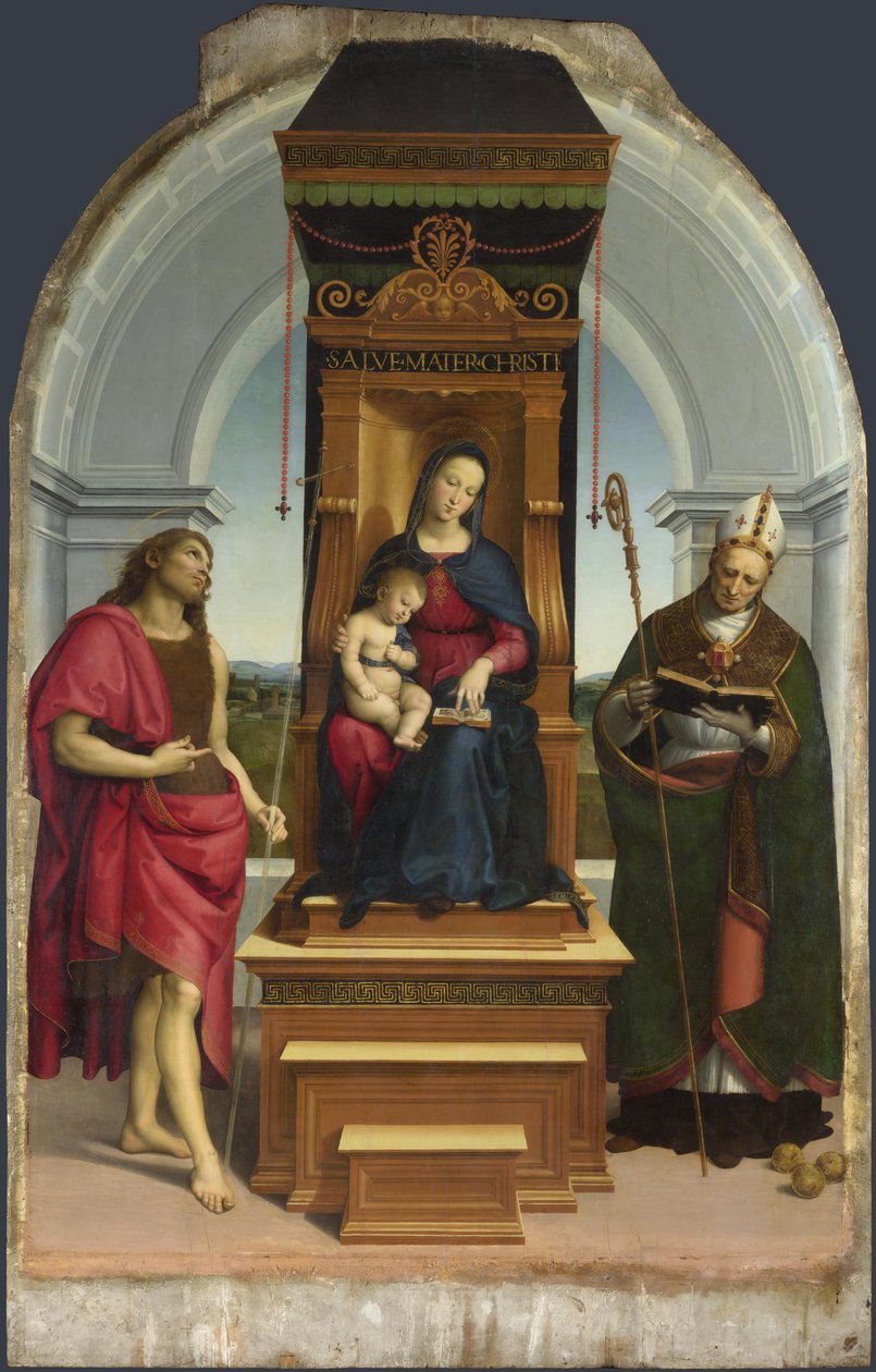 Madonnaen og barnet med døperen Johannes og den hellige Nicholas av Bari The Ansidei Madonna, 1505 av Raffaello Sanzio Raphael