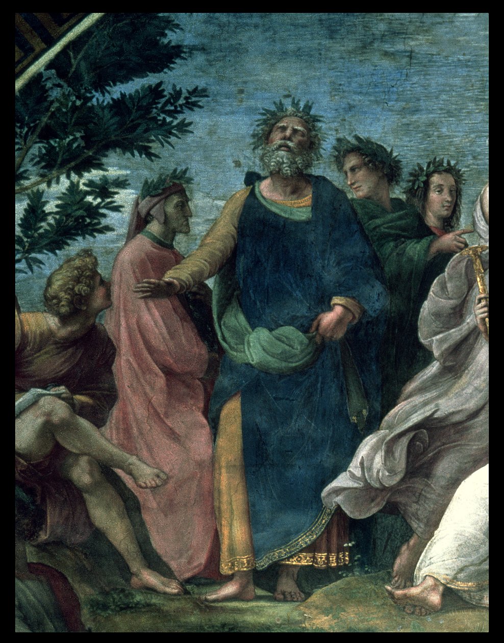 Parnassus, detalj av Homer, Dante og Virgil, i Stanze della Segnatura, 1510-11 av Raffaello Sanzio Raphael