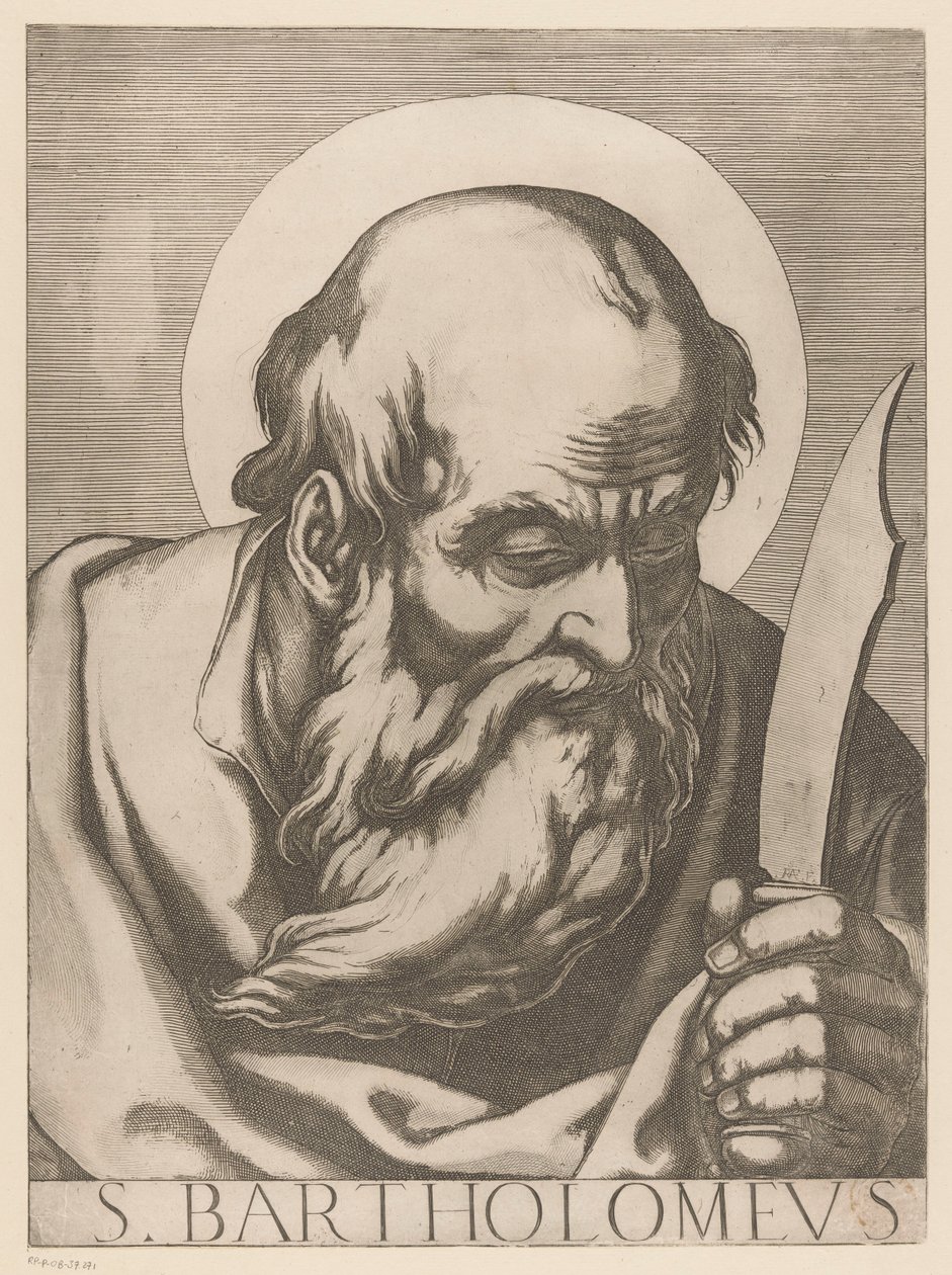 Sankt Bartolomeus S. Bartholomew (tittel på objekt) Kristus, Maria og de tolv apostlene (serietittel) Il sacrato collegio apostolico (serietittel) av Raffaello Schiaminossi