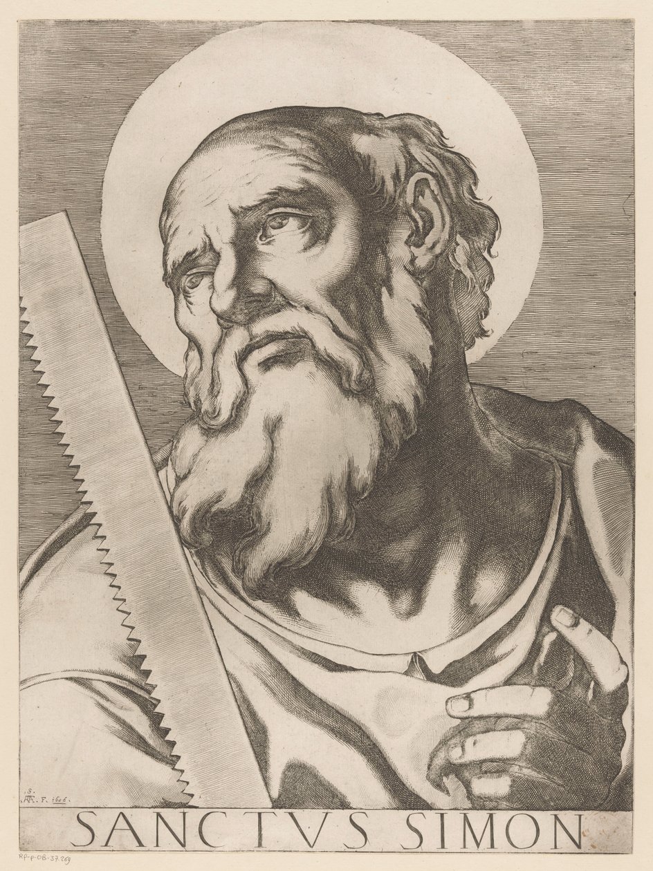 Saint Simon Zelotes Saint Simon (tittel på objekt) Kristus, Maria og de tolv apostelen (serietittel) The Sacred Apostolic College (serietittel) av Raffaello Schiaminossi
