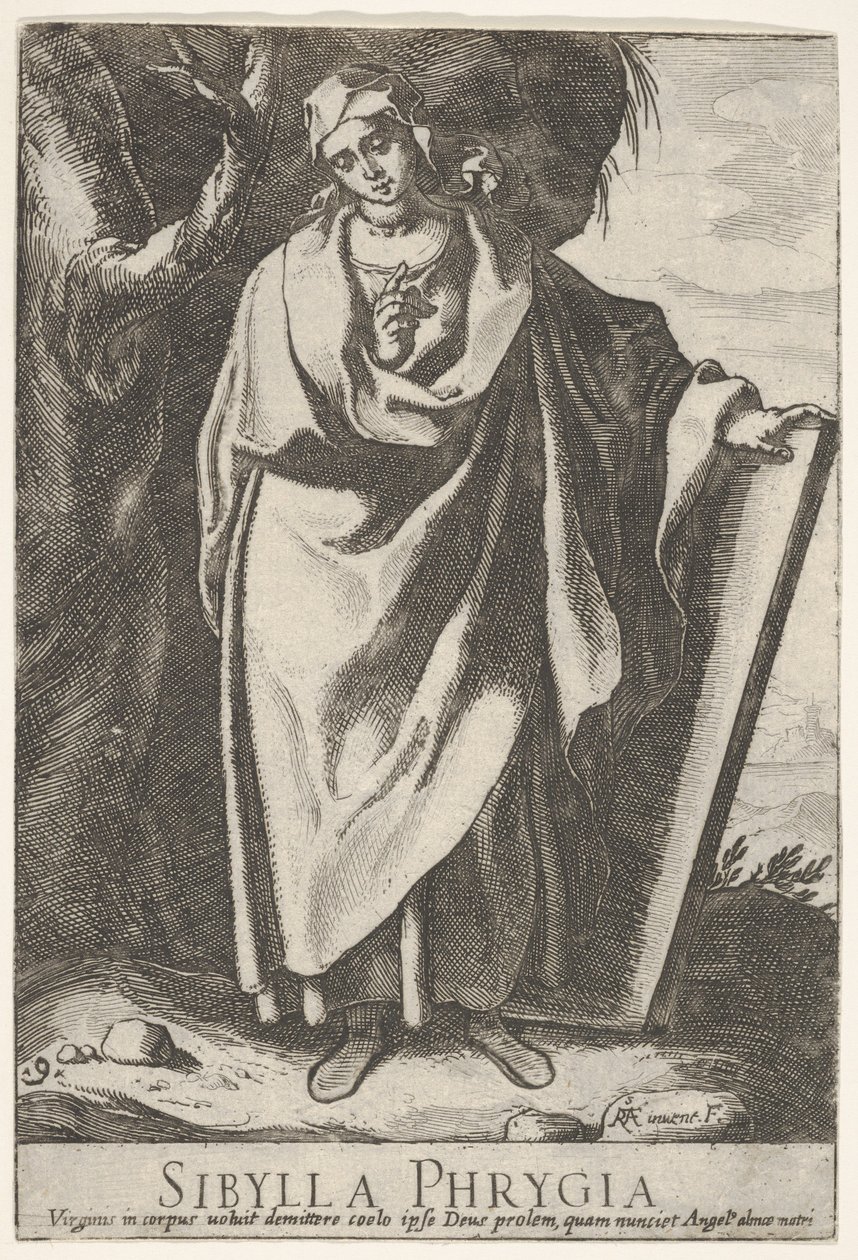 Plate 9: den frygiske sibyllen som holder toppen av et nettbrett med venstre hånd og peker mot..., 1609. av Raffaello Schiaminossi