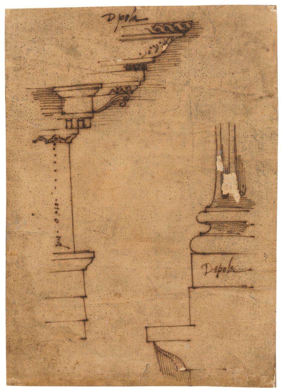 Design for entablement og sokkel av en pidestall (penn og brunt blekk, på oljet kalkerpapir) av Raffaello da Montelupo