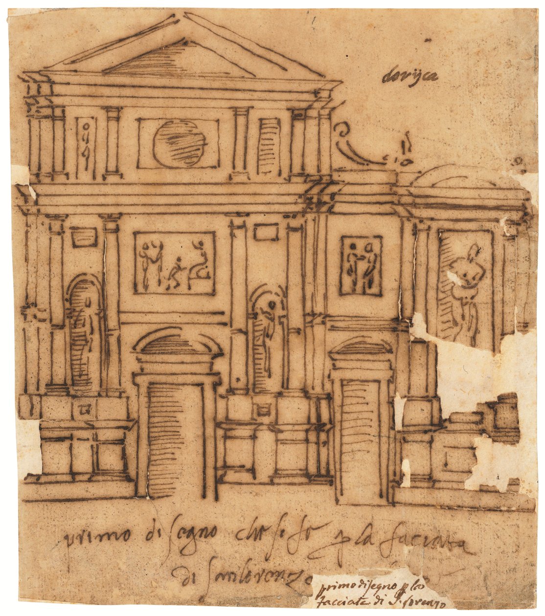 Design for fasaden til San Lorenzo, Firenze (penn og brunt blekk, på oljet kalkerpapir) av Raffaello da Montelupo