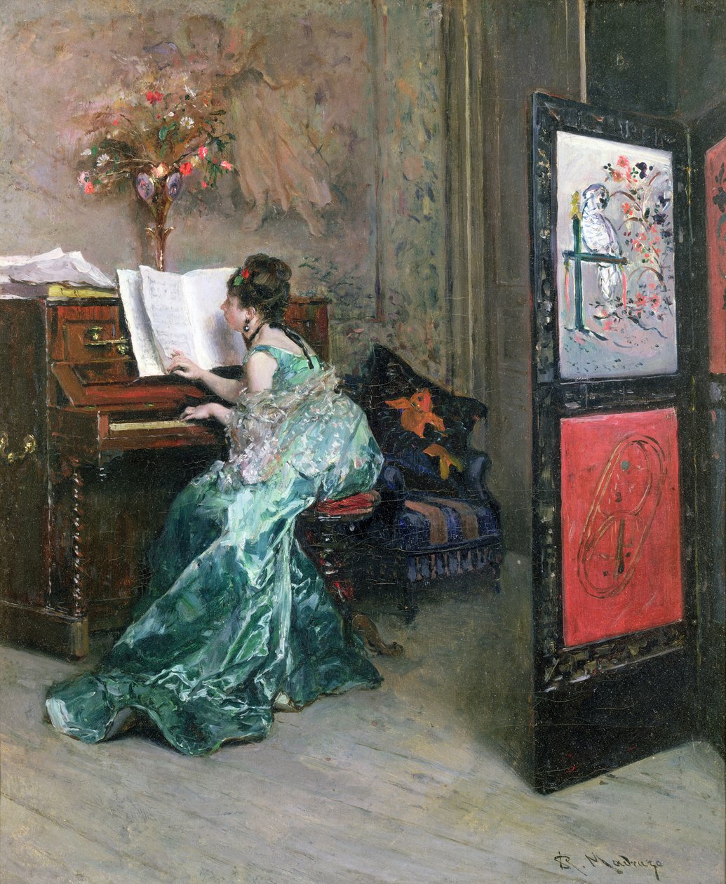 Dame som spiller piano i et interiør av Raimundo de Madrazo y Garreta
