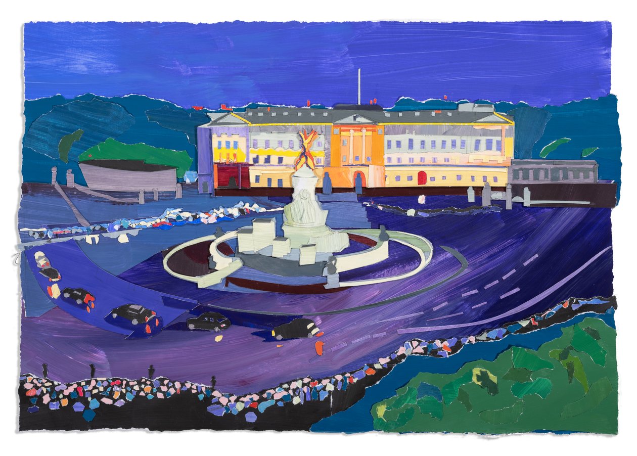 Folkemengder på Buckingham Palace, 2023 (akryl og collage på papir) av Raina Goran