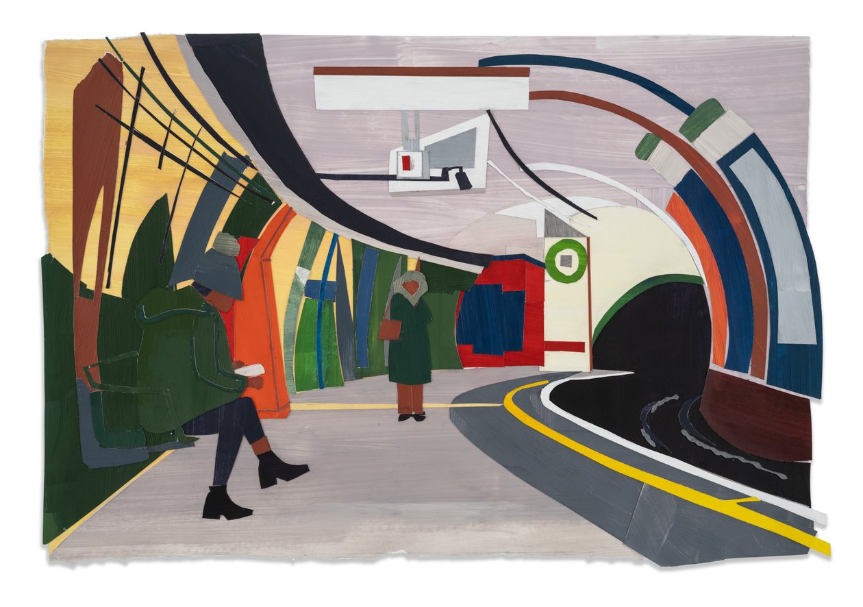 Hampstead Tube, 2023 (akryl og collage på papir) av Raina Goran