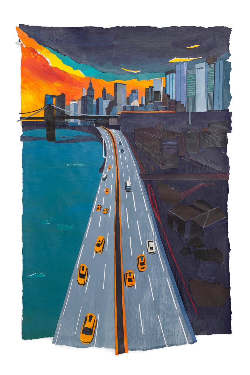 Oransje himmel over New York, 2019 (akryl og collage på papir) av Raina Goran