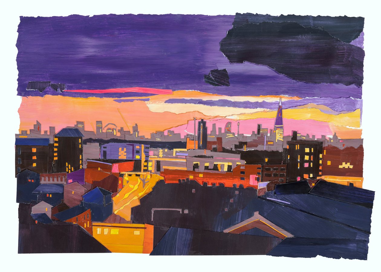 Tak over London, 2022 (akryl og collage på papir) av Raina Goran