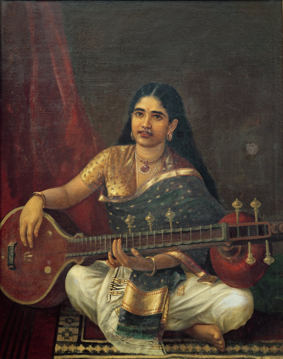 Ung kvinne med en Veena av Raja Ravi Varma