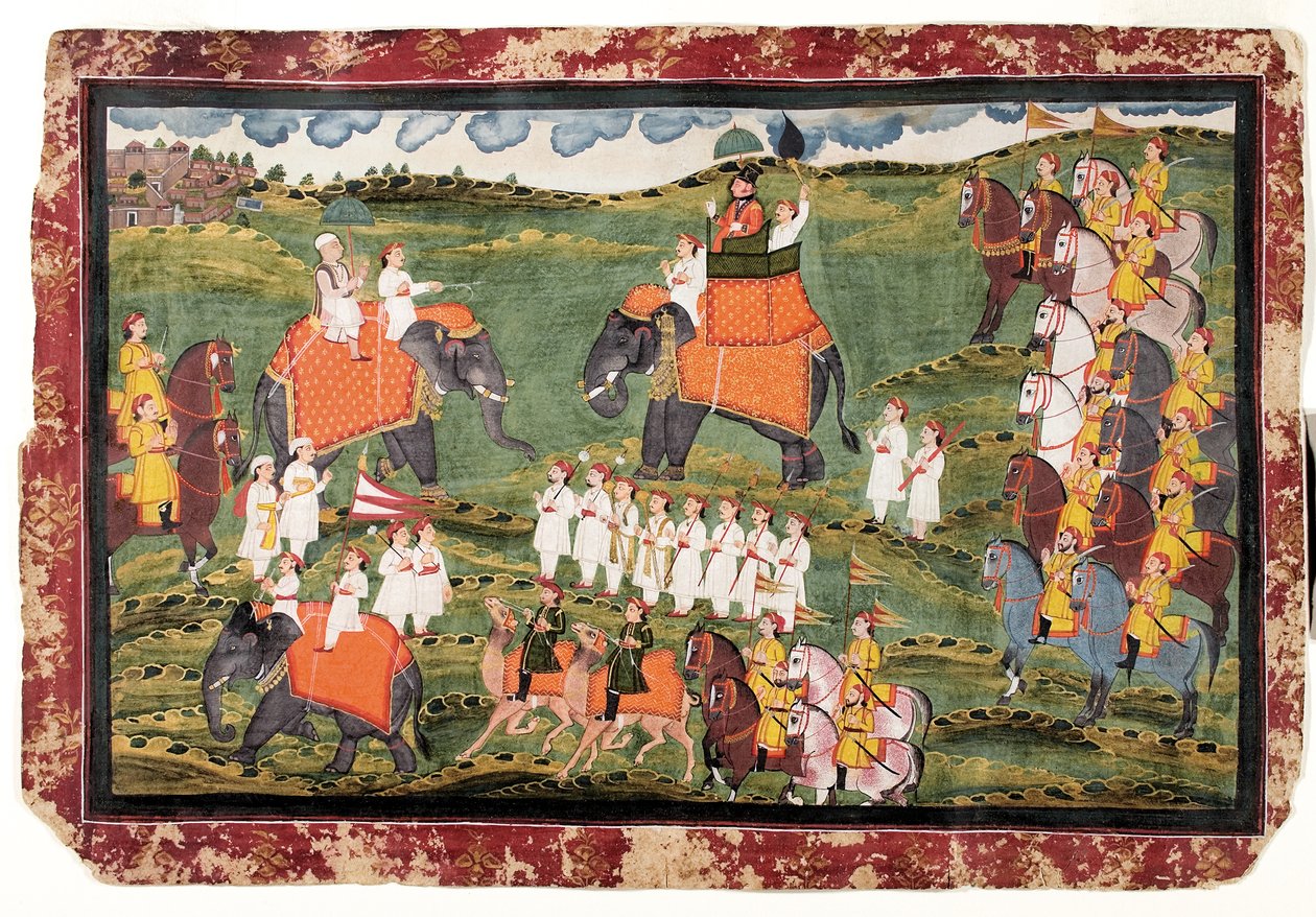 Oberst James Tod og Guru Gyanchandra rir på elefanter nær Udaipur, oktober 1822 av Rajasthani School