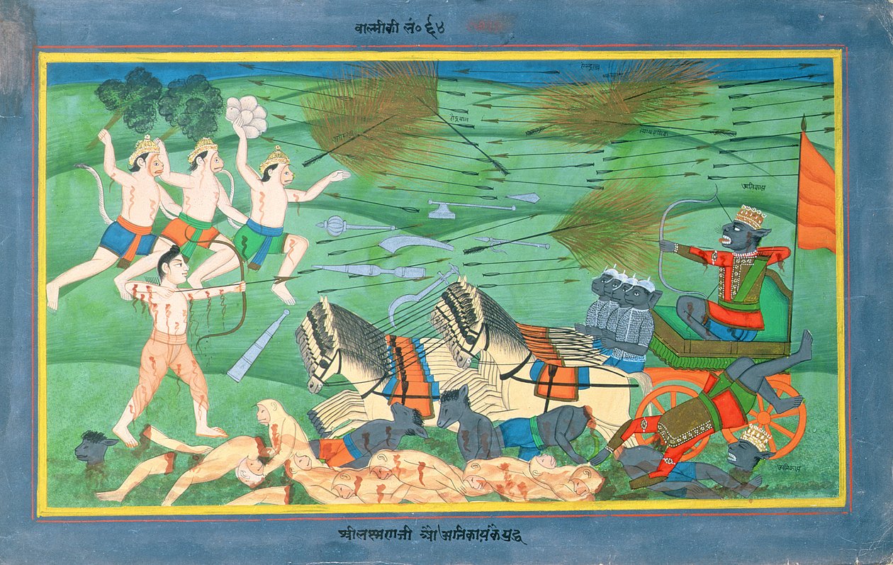 Slaget ved Lanka, mellom Rama og Ravana, kongen av Rakshasas, fra Ramayana, tidlig på 1800-tallet (wc på papir) av Rajasthani School