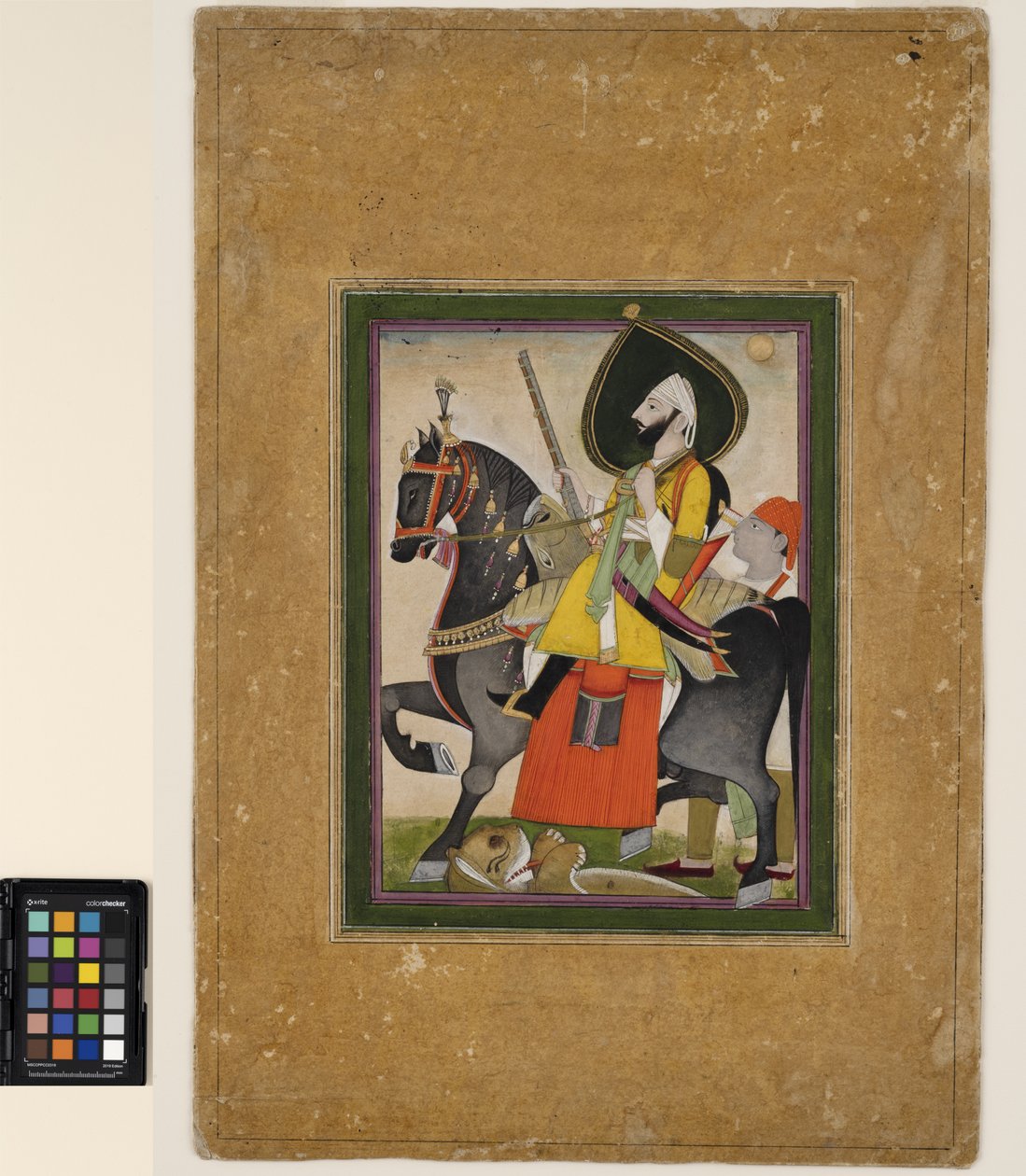 Bakhtawar Singh erobrer en løve, ca. 1800 (ugjennomsiktig akvarell og gull på papir) av Rajasthani School