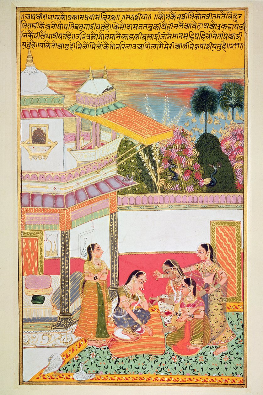 Kvinne som dør håndflatene, fra Bundi, 1800 (wc på papir) av Rajasthani School