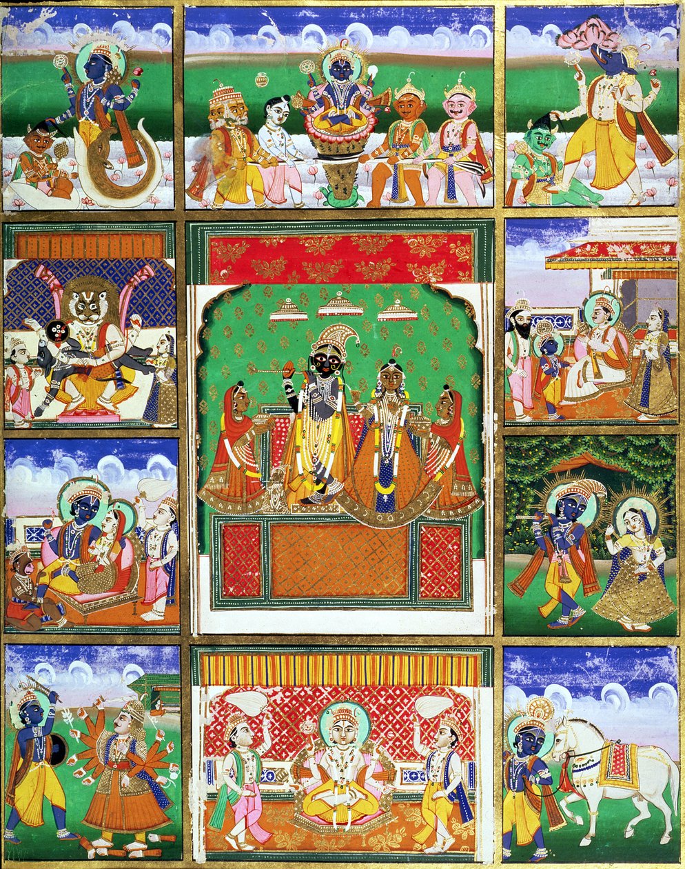 Vishnu i sentrum av hans ti avatarer, Jaipur, Rajasthan av Rajput School