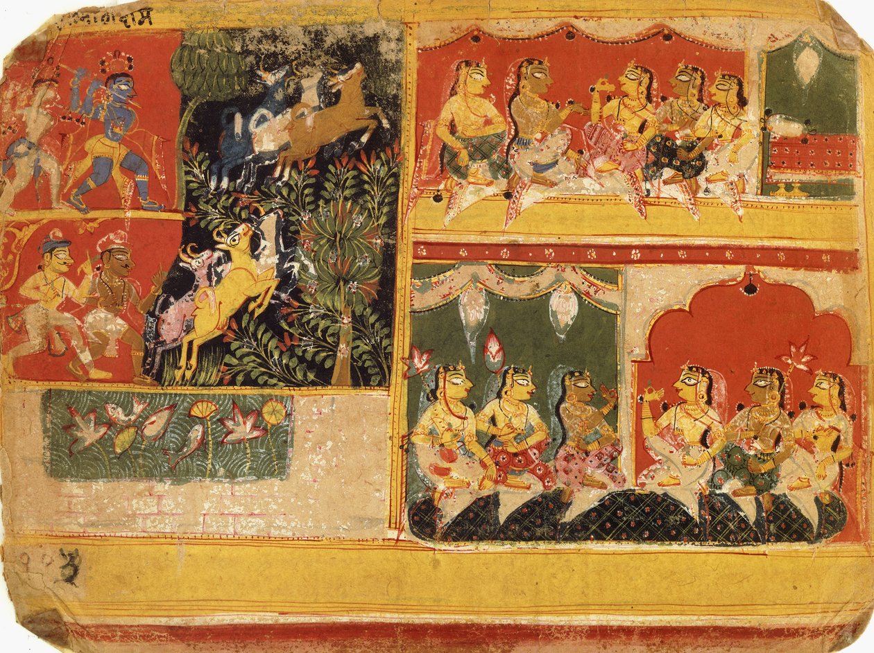 En illustrasjon til "Bhagvata Purana", bok X, kapittel 21, ca. 1525 av Rajput School