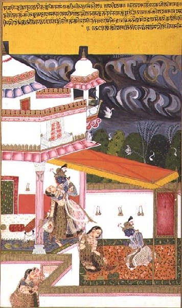 Folio 72. Krishna lokker Radha når en storm samler seg over hodet, fra 