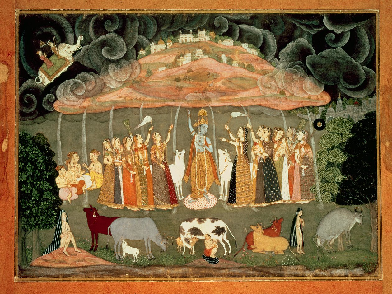 Krishna støtter Mount Govardhana B Ustad Sahibdin, Bikaner av Rajput School
