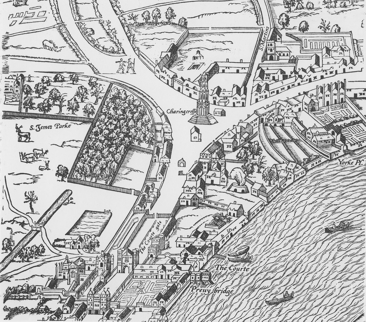 Detalj av Charing Cross fra Civitas Londinium (treblokktrykk) av Ralph Agas