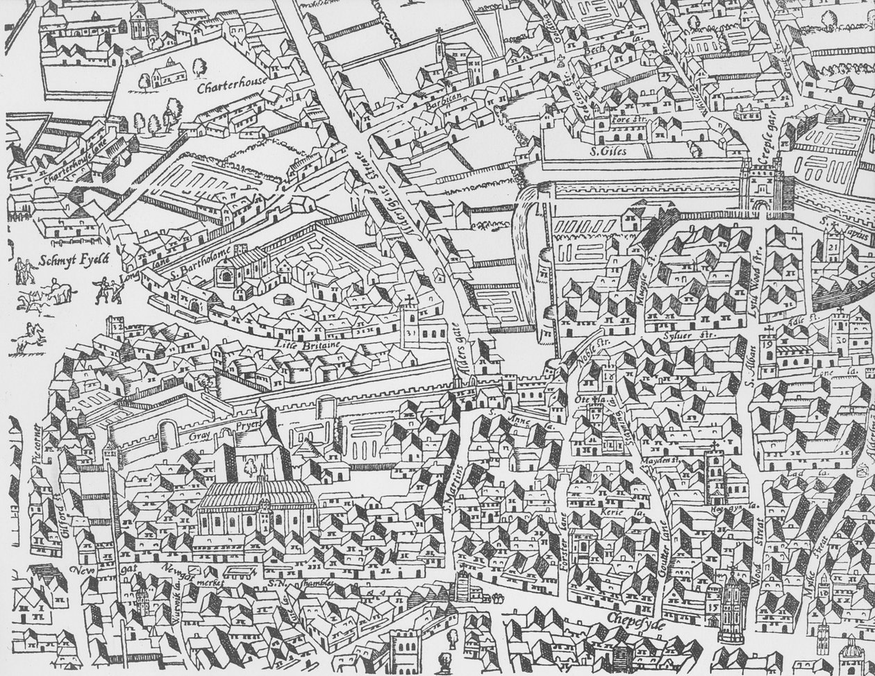 Detalj av London Wall East of Smithfield fra Civitas Londinium treblokktrykk av Ralph Agas
