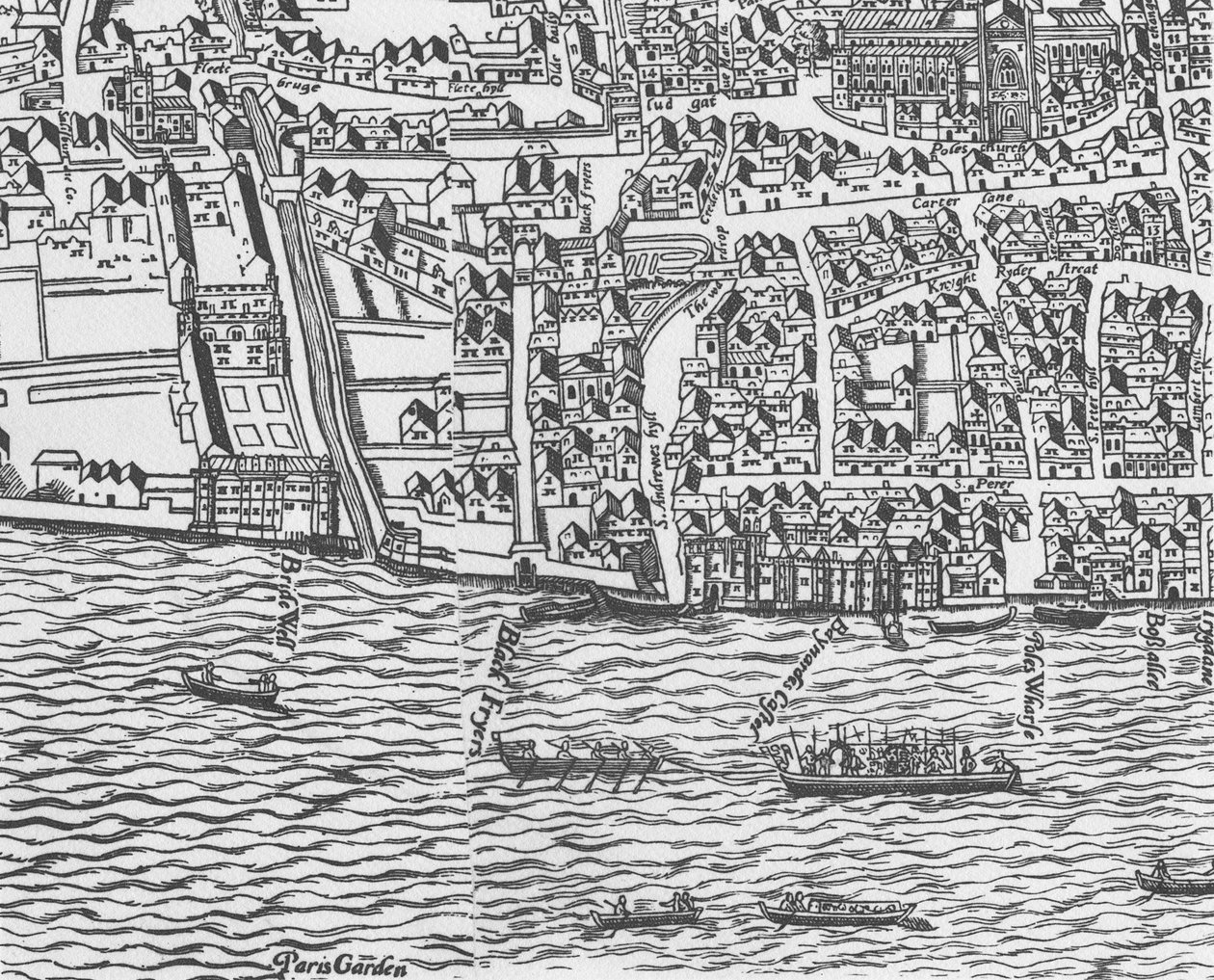 Detalj av Themsen og St Pauls katedral fra Civitas Londinium treblokktrykk av Ralph Agas