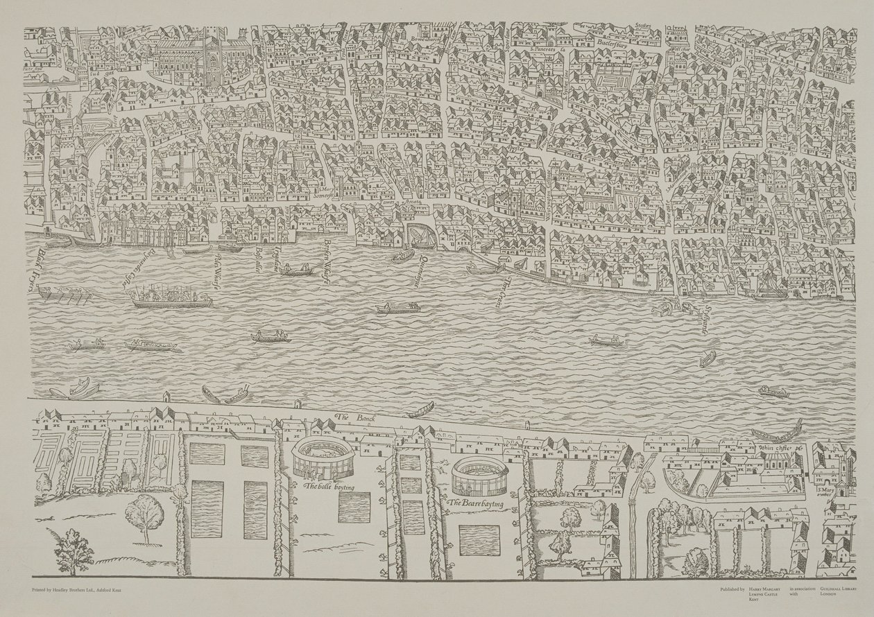 Kart over London, som viser bjørnehagen i Southwark, ca. 1561 av Ralph Agas