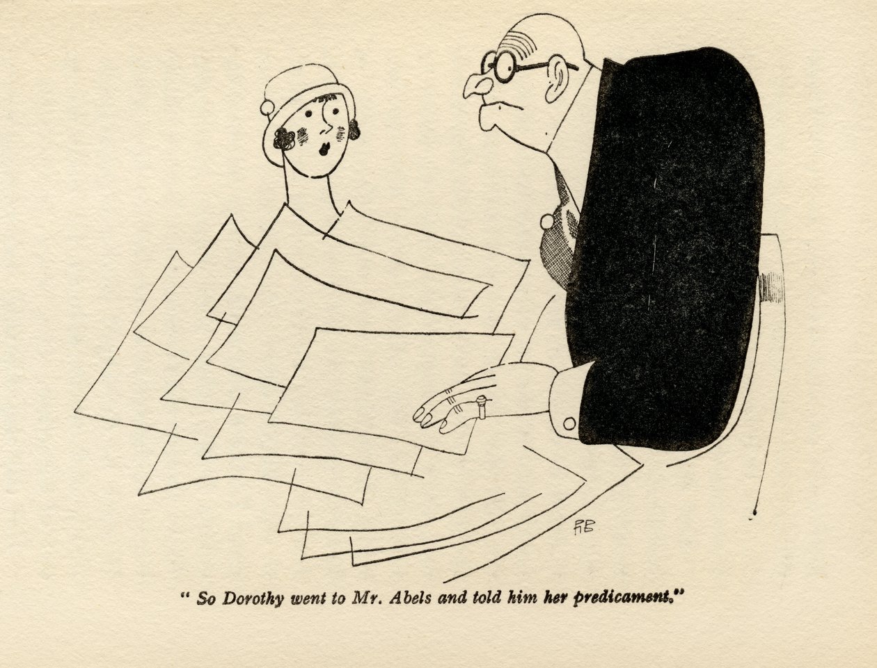 "Så Dorothy gikk til Mr. Abels og fortalte ham om hennes knipe", illustrasjon fra "But Gentlemen Marry Brunettes" av Anita Loos, publisert i 1928 av Ralph Barton