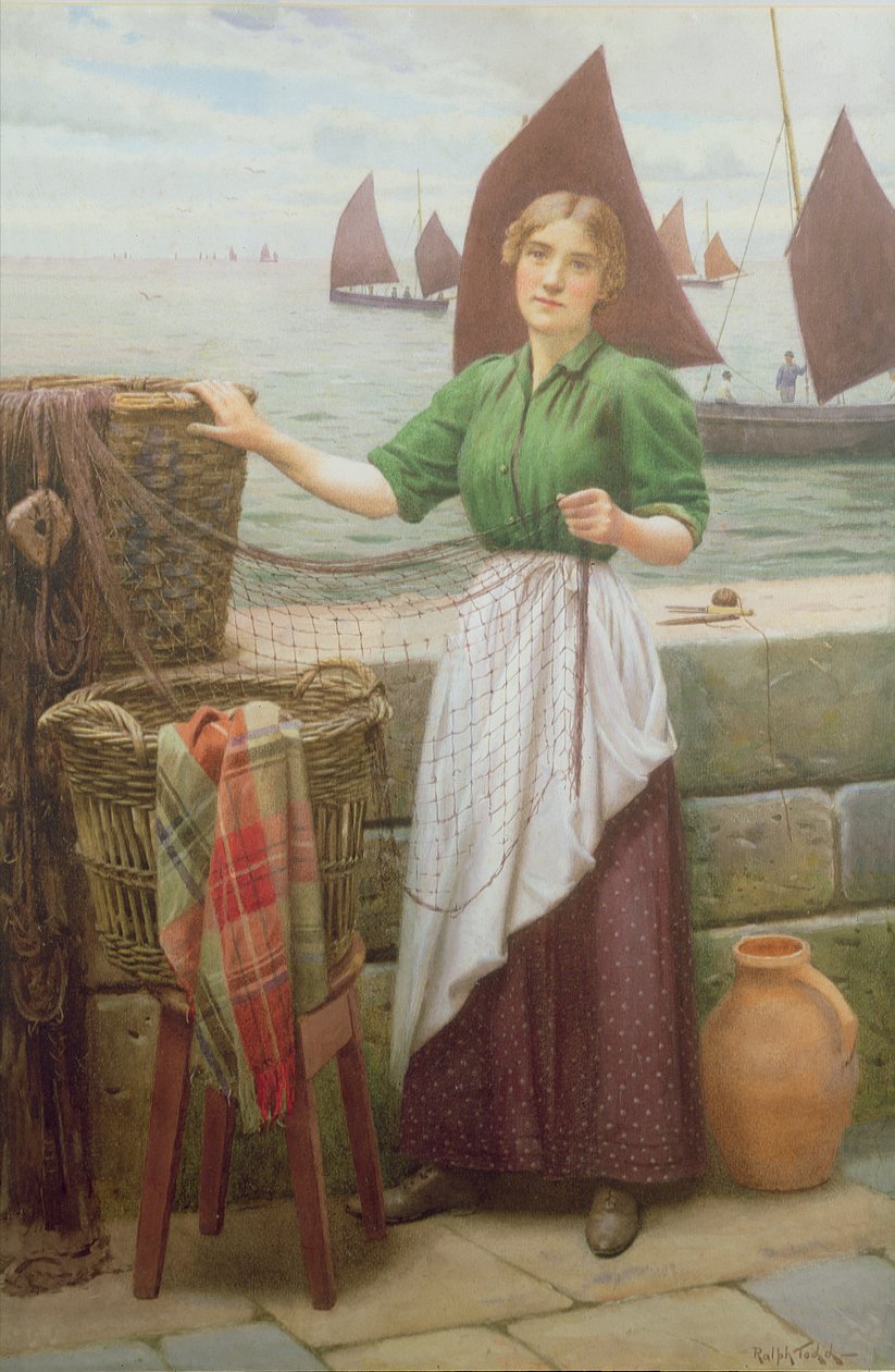 Girl Mending Nets av Ralph Todd