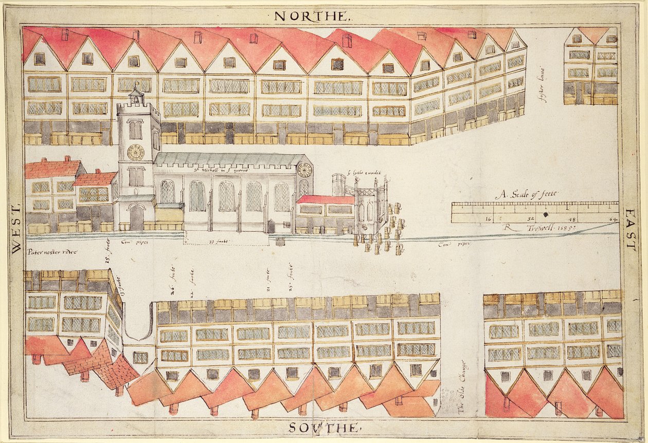 Kart over Cheapside, London, 1585 (penn og wc på papir) av Ralph Treswell