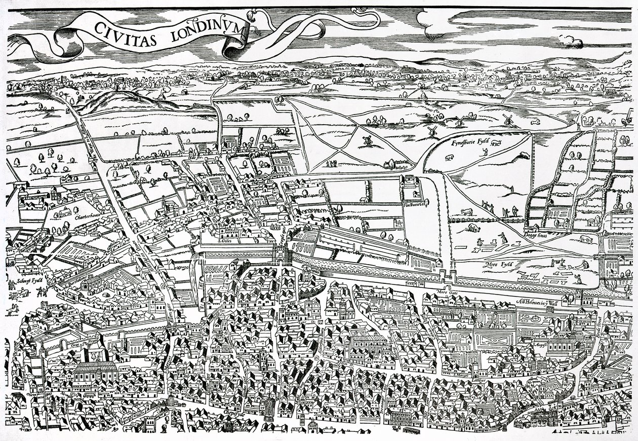Detail of London North of the city from Civitas Londinium (woodblock print) av Ralph Agas