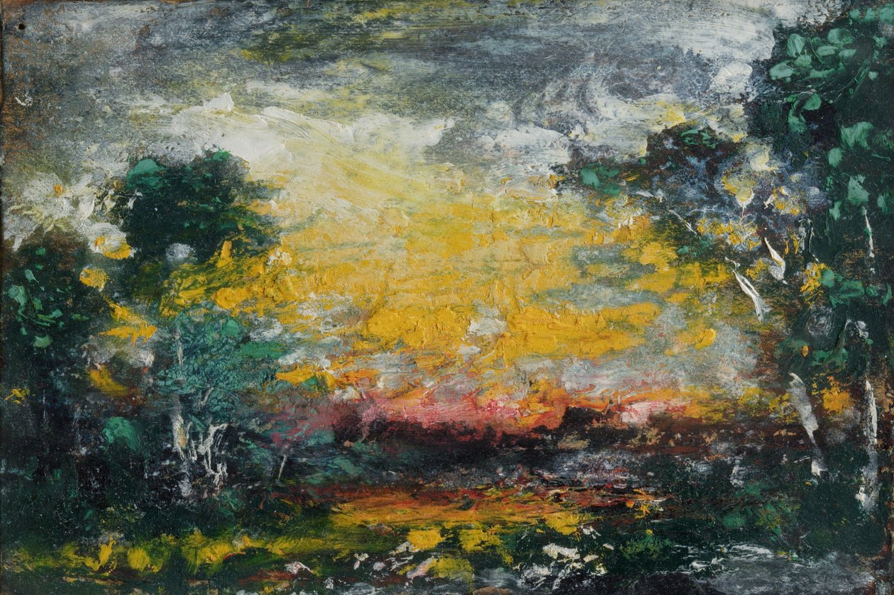 Solnedgang, 1916 (olje på papp) av Ralph Albert Blakelock