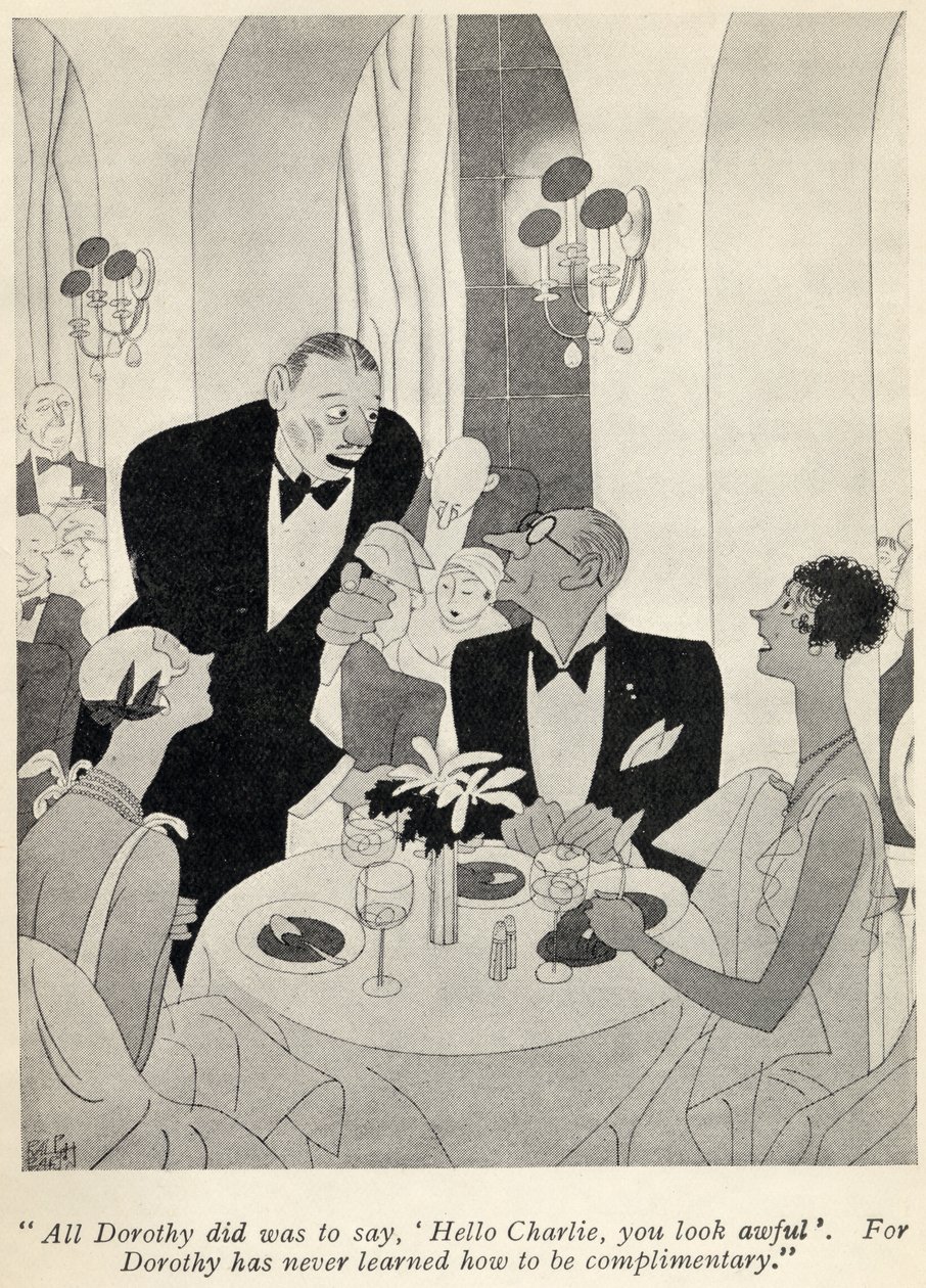"Alt Dorothy gjorde var å si, Hallo Charlie, du ser forferdelig ut."..., illustrasjon fra "But Gentlemen Marry Brunettes" av Anita Loos, utgitt i 1928 av Ralph Barton