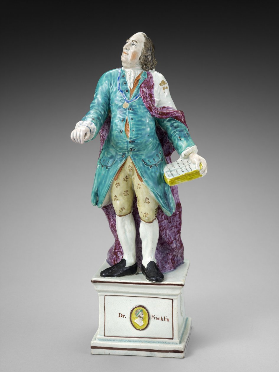 Figur av Benjamin Franklin, ca. 1782-1795 (blyglasert keramikk (perletøy) med overglasur emalje) av Ralph Sr. Wood