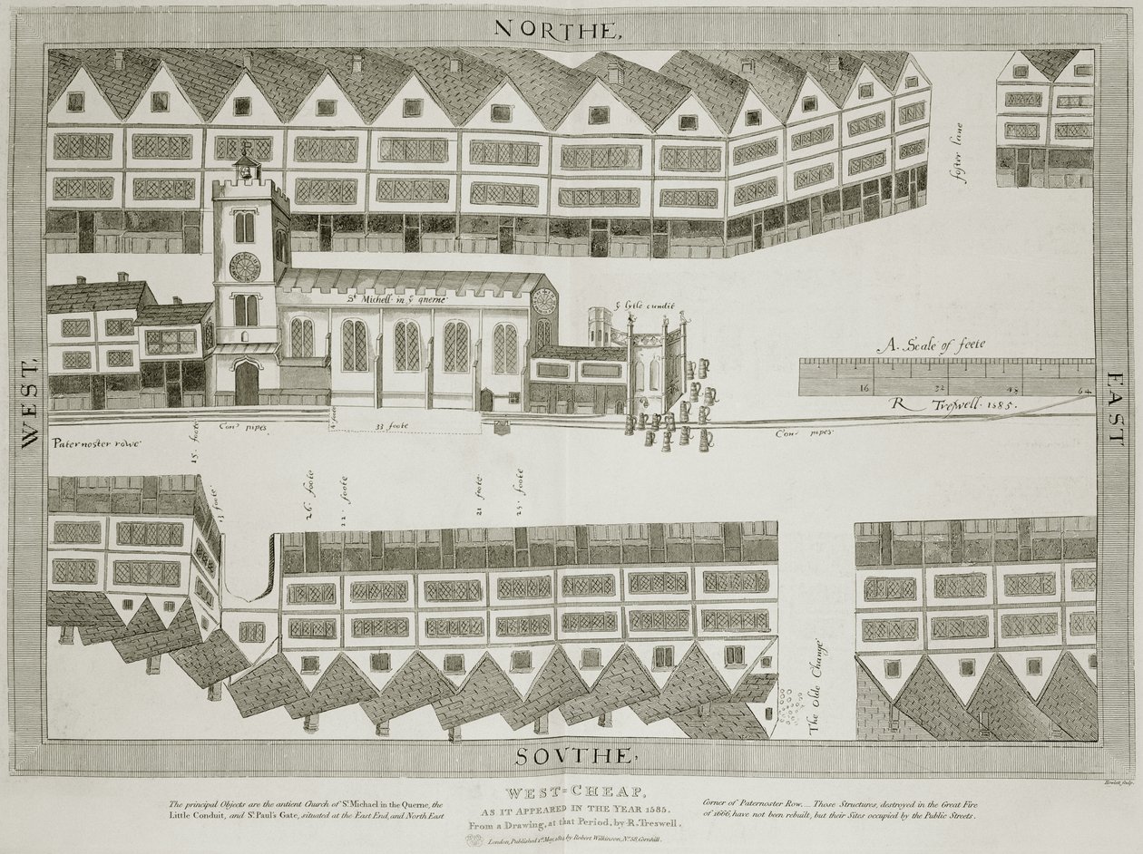 West Cheap slik det så ut i år 1585, gravert av Bartholemew Howlett (1767-1827) publisert 1814 av Ralph Treswell