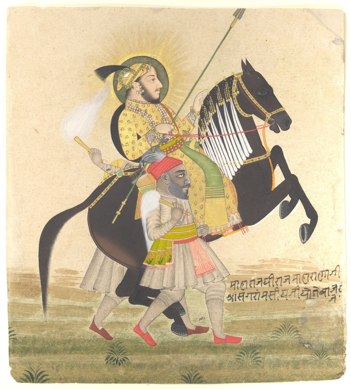 Maharana Sangram Singh Riding a Prize Stallion, ca. 1712 (blekk, ugjennomsiktig akvarell, gull og Basra-perler på papir) av Ram Jai
