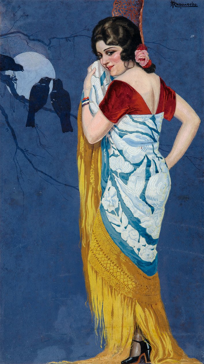 Ung kvinne som smiler i måneskinnet, ca. 1925 (gouache på papir) av Ramón José Izquierdo y Garrido