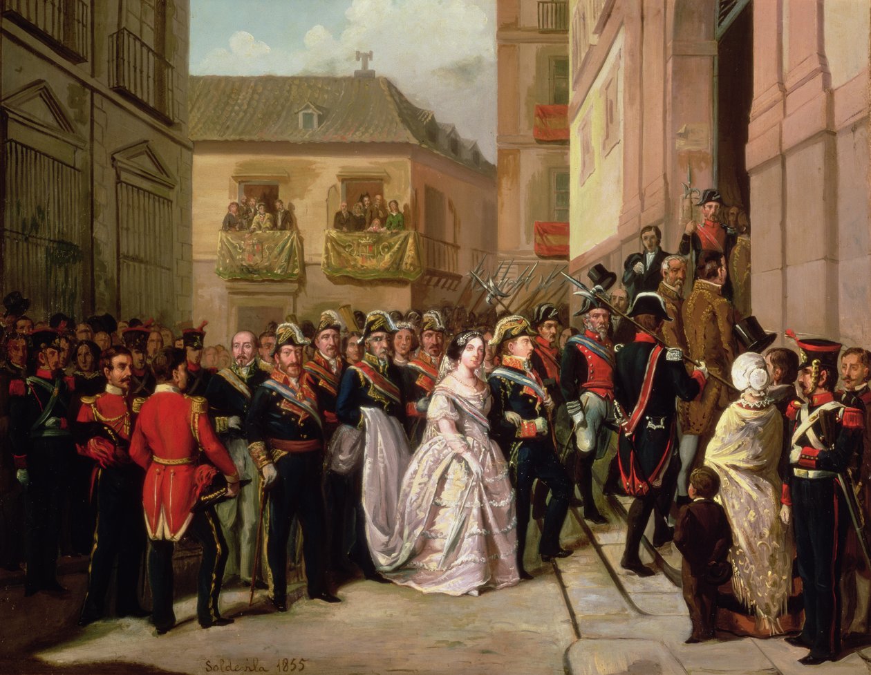 Isabella II av Spania (1830-1904) og mannen hennes Francisco de Assisi besøker Santa Maria-kirken av Ramon Soldevila Trepat