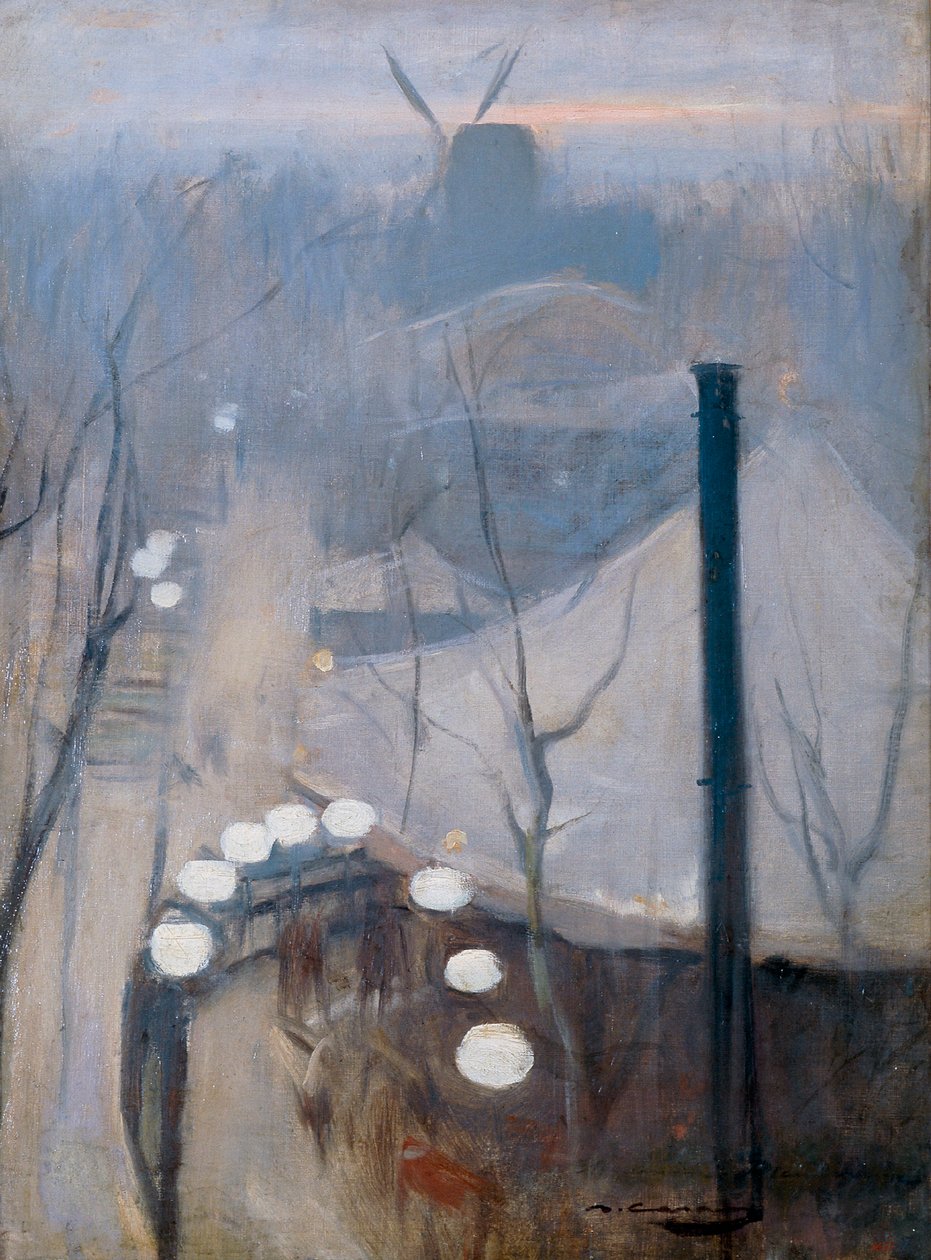 Utsikt over Montmartre-distriktet med en mølle i Paris av Ramon Casas i Carbo