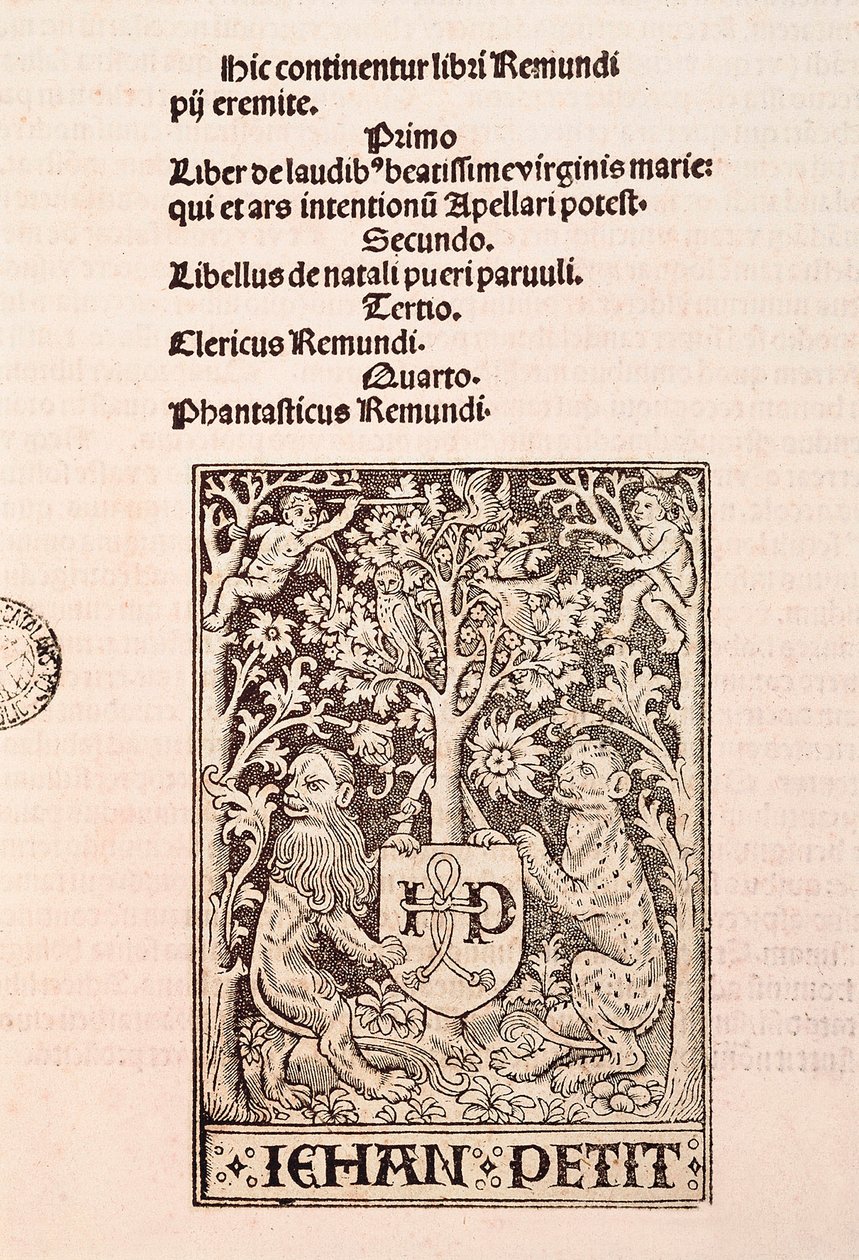 Side av kodeksen "De Laudibus Beatissimae Virginis Mariae" av Ramon Llull (1235-1315), som viser to løver som holder våpenskjoldet til skriveren Jehan Petit av Ramon Llull